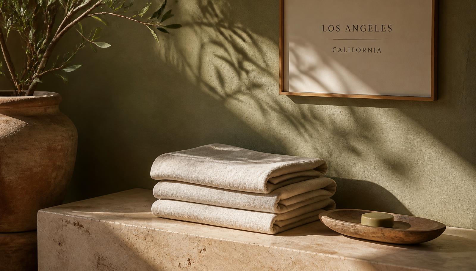 Folded cream linen towels resting on a warm travertine bench inside The Relax Lounge