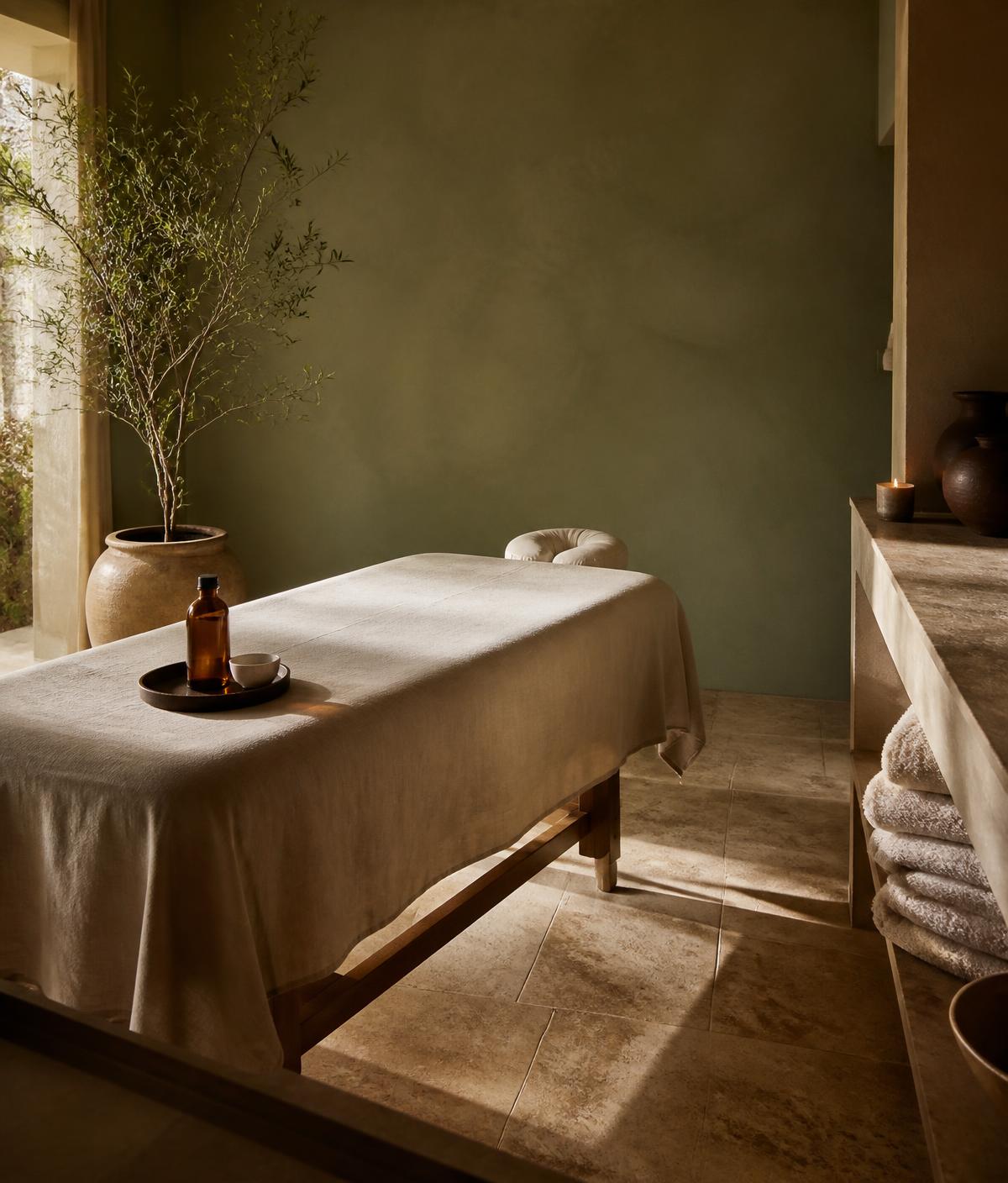 Linen-covered massage table beside a sage plaster wall in warm afternoon light